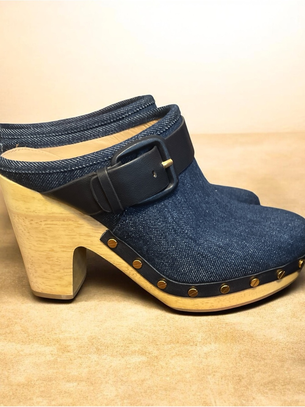 Denim Clog Mules with Wood Heel